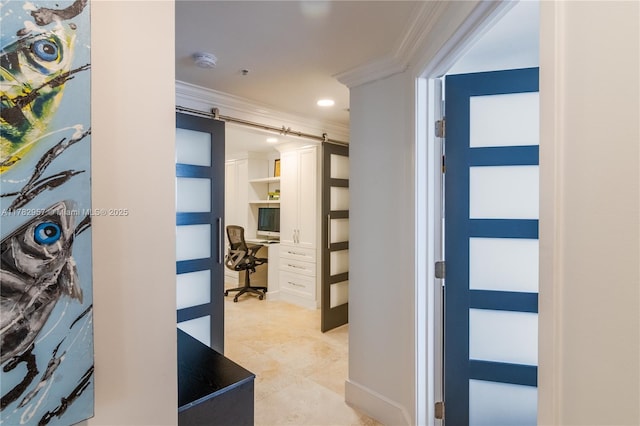 100 S Birch Rd Unit 1602C, Fort Lauderdale, FL 33316 - corridor featuring crown molding, a desk, and a barn door