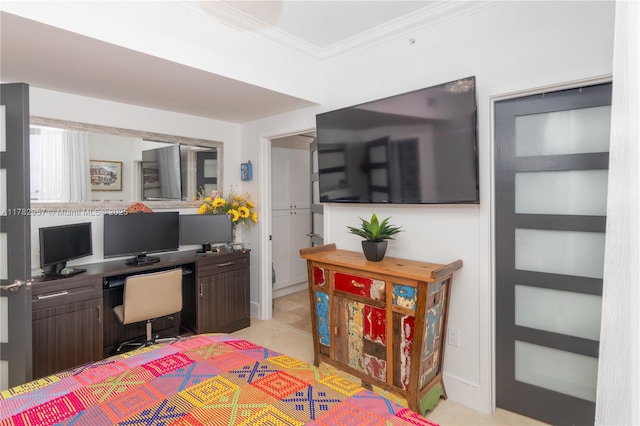 100 S Birch Rd Unit 1602C, Fort Lauderdale, FL 33316 - bedroom with crown molding, an office area, and light tile patterned floors