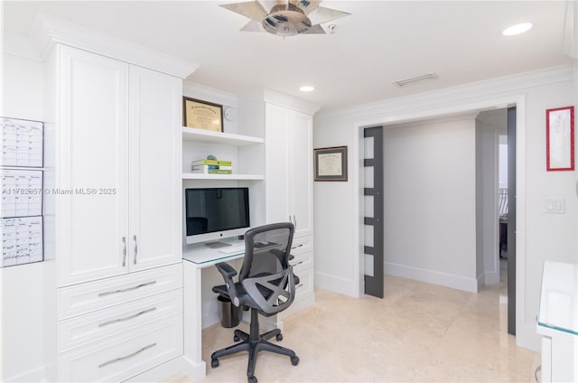 100 S Birch Rd Unit 1602C, Fort Lauderdale, FL 33316 - home office featuring crown molding, ceiling fan, baseboards, and recessed lighting