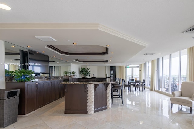 100 S Birch Rd Unit 1602C, Fort Lauderdale, FL 33316 - kitchen featuring open floor plan, a kitchen bar, expansive windows, dark brown cabinetry, and dark stone countertops