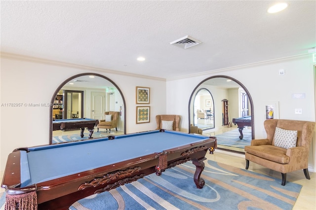 100 S Birch Rd Unit 1602C, Fort Lauderdale, FL 33316 - recreation room featuring billiards, crown molding, arched walkways, recessed lighting, and a textured ceiling