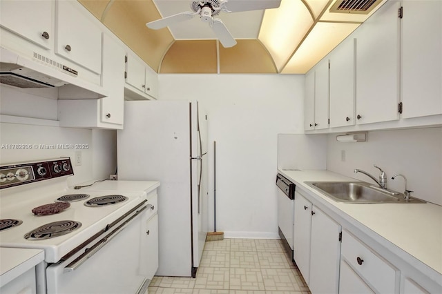 kitchen featuring white appliances, a ceiling fan, white cabinets, visible vents, and a sink