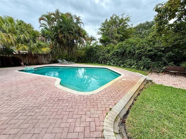 view of swimming pool with a patio area, fence, and a fenced in pool