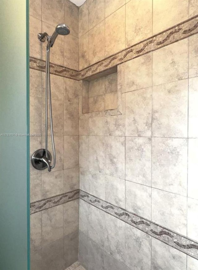 interior details featuring a tile shower