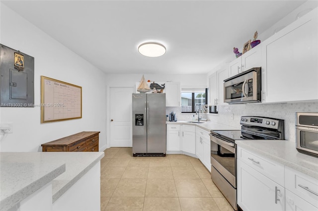 kitchen with a sink, electric panel, stainless steel appliances, backsplash, and white cabinetry