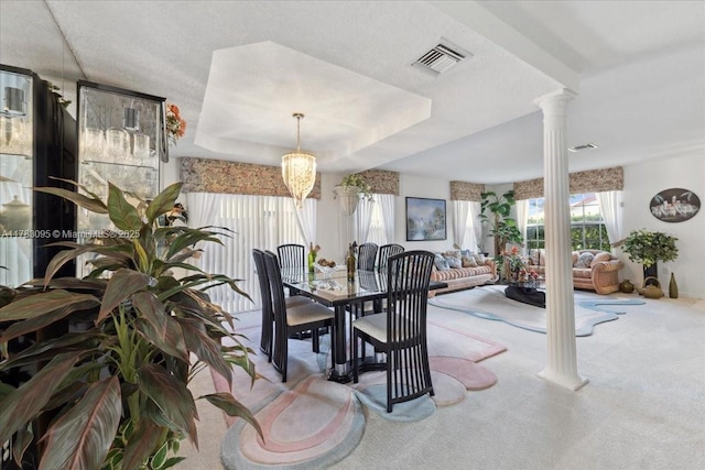 15489 SW 150th St, Miami, FL 33196 - dining room featuring visible vents, ornate columns, and carpet flooring