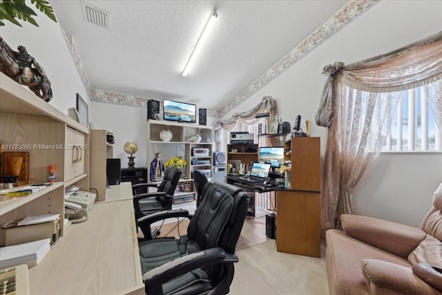 15489 SW 150th St, Miami, FL 33196 - carpeted home office featuring a textured ceiling, visible vents, and vaulted ceiling