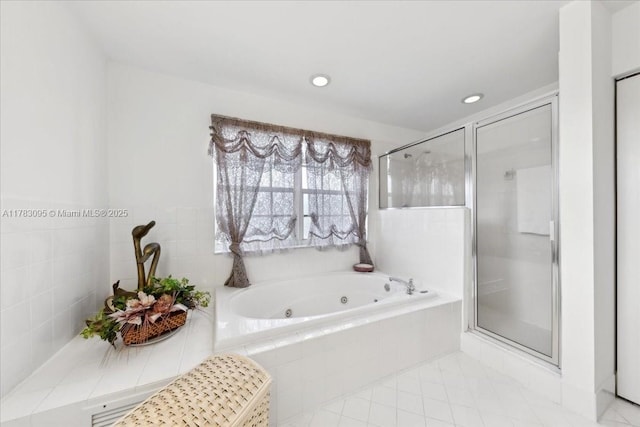 15489 SW 150th St, Miami, FL 33196 - bathroom featuring a jetted tub, recessed lighting, tile patterned flooring, and a stall shower