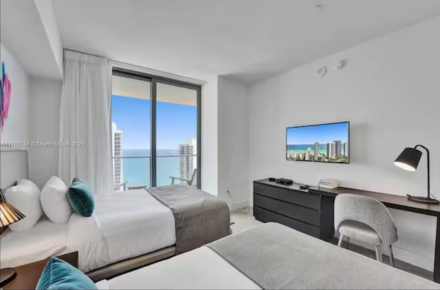 bedroom featuring access to exterior, baseboards, and expansive windows
