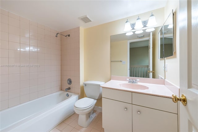 full bath featuring vanity, tile patterned flooring, toilet, visible vents, and shower / bathing tub combination