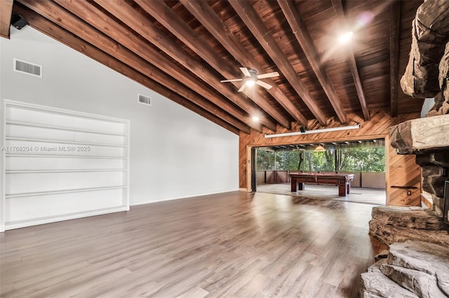 unfurnished living room featuring pool table, visible vents, wood ceiling, and vaulted ceiling with beams