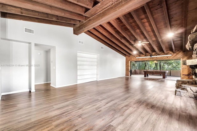 unfurnished living room with visible vents, baseboards, beamed ceiling, and wood finished floors
