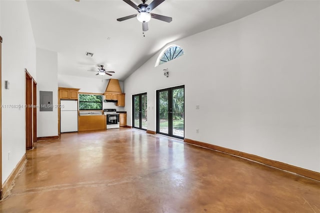 unfurnished living room featuring concrete floors, visible vents, baseboards, and a ceiling fan