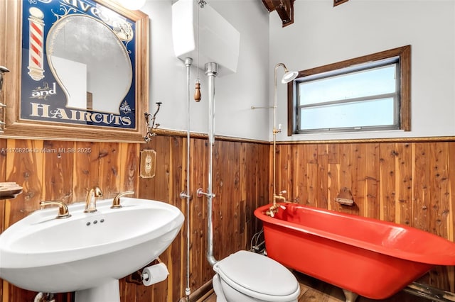 bathroom with wood walls, a sink, and a wainscoted wall