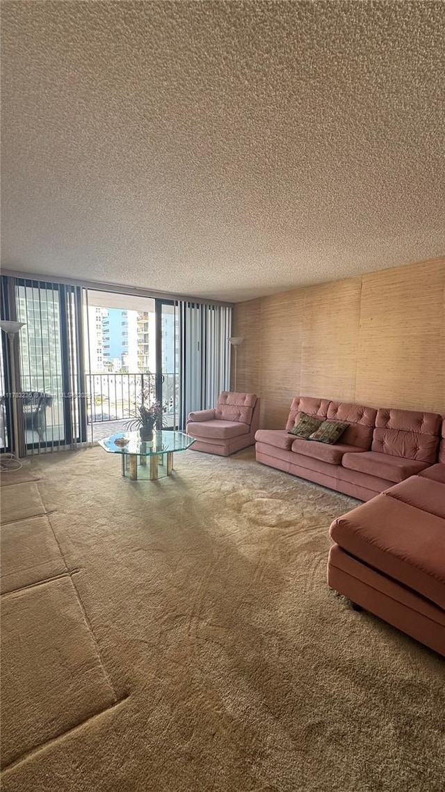 carpeted living room featuring a textured ceiling