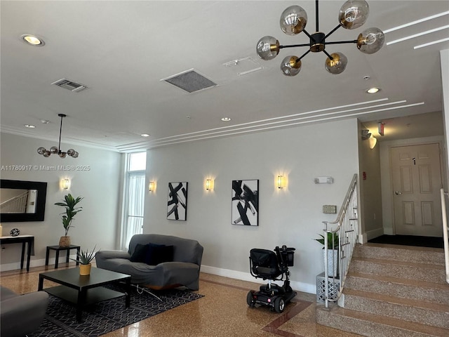 living room with baseboards, a chandelier, recessed lighting, stairway, and visible vents