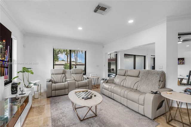 living room with crown molding, visible vents, recessed lighting, and marble finish floor