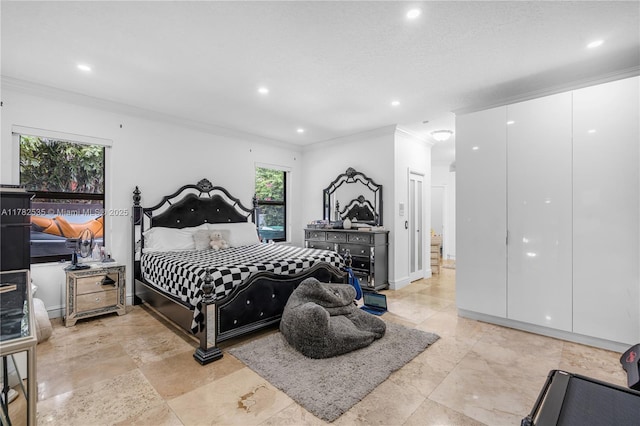 bedroom featuring crown molding, baseboards, and recessed lighting