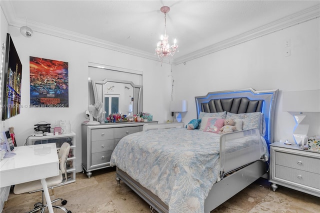 bedroom with a notable chandelier and crown molding