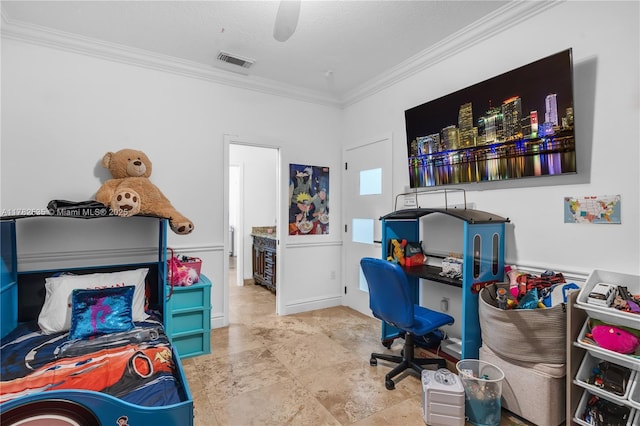 office area featuring ornamental molding, ceiling fan, and visible vents