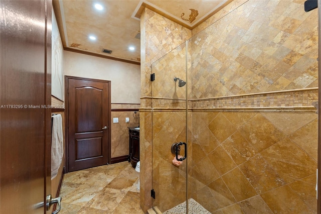 full bathroom with a shower stall, recessed lighting, and visible vents
