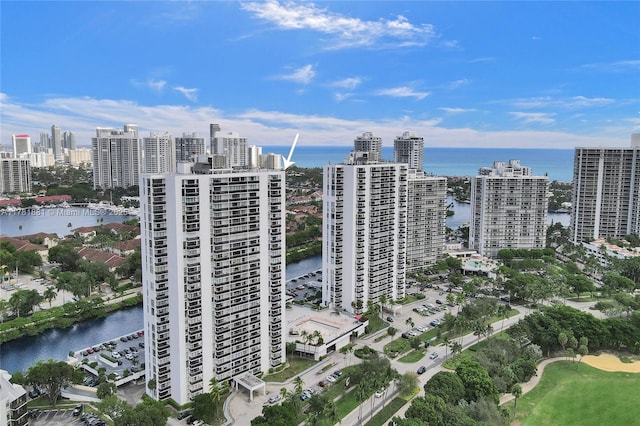 bird's eye view featuring a city view and a water view