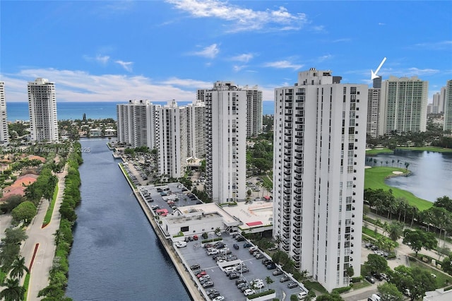 aerial view with a water view and a city view