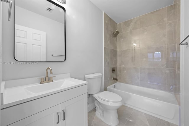 full bath featuring shower / bathtub combination, vanity, tile patterned flooring, visible vents, and toilet