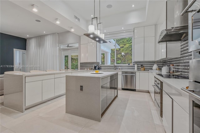 kitchen with stainless steel dishwasher, modern cabinets, white cabinetry, visible vents, and black electric cooktop