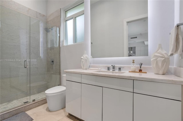 bathroom with a shower stall, vanity, visible vents, and toilet