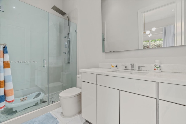 full bath with toilet, a shower stall, and vanity