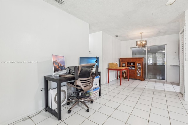 office space with baseboards, a textured ceiling, and an inviting chandelier