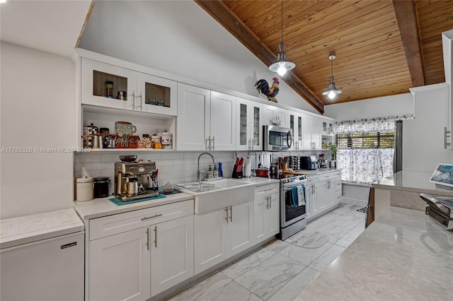 kitchen with open shelves, white cabinets, appliances with stainless steel finishes, marble finish floor, and wooden ceiling