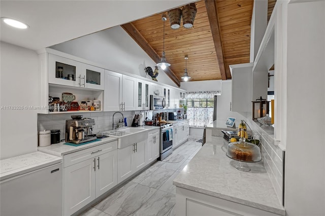kitchen with white cabinetry, wood ceiling, marble finish floor, stainless steel appliances, and decorative backsplash