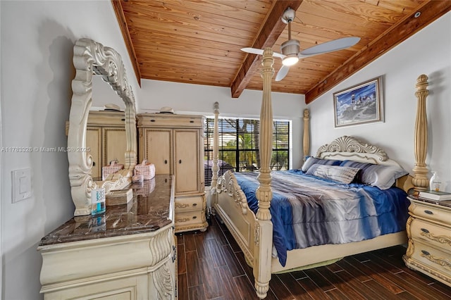 bedroom with wood ceiling, ceiling fan, vaulted ceiling with beams, and wood finish floors
