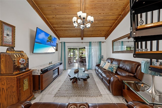 living area with wooden ceiling, a chandelier, and vaulted ceiling