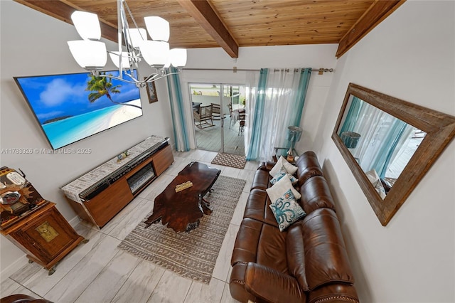 living room featuring wood ceiling, wood finished floors, and beam ceiling