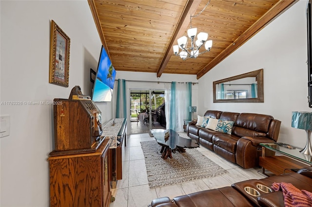 living room featuring wooden ceiling, a notable chandelier, and lofted ceiling with beams