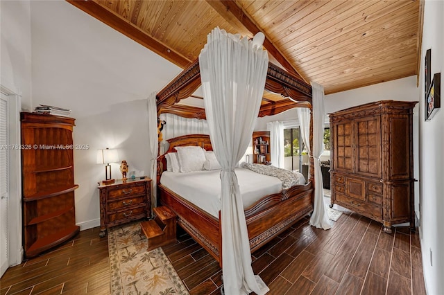 bedroom with baseboards, wood ceiling, vaulted ceiling with beams, and dark wood finished floors