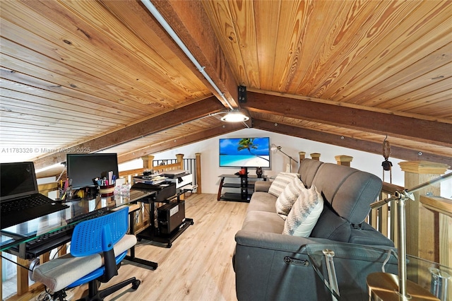 living room featuring wooden ceiling, light wood finished floors, and vaulted ceiling with beams