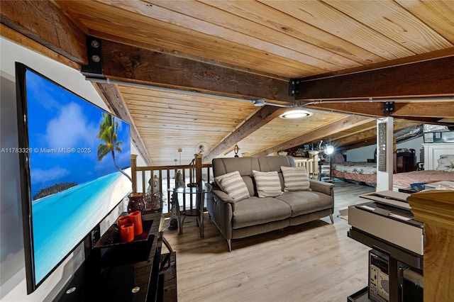 living area featuring wood ceiling and wood finished floors