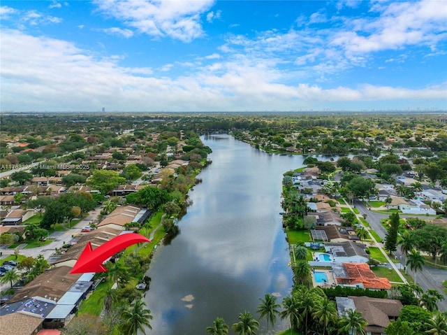 bird's eye view featuring a water view and a residential view