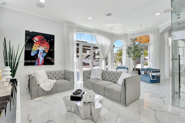 3408 NE 169th St, North Miami Beach, FL 33160 - living room featuring crown molding, visible vents, and marble finish floor