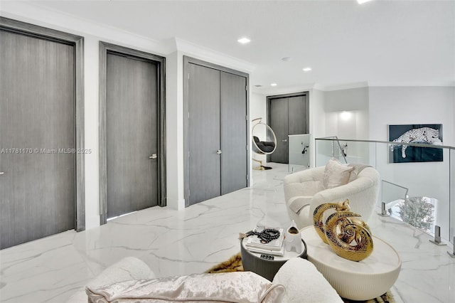 3408 NE 169th St, North Miami Beach, FL 33160 - living area with crown molding, recessed lighting, and marble finish floor