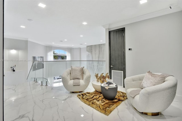 3408 NE 169th St, North Miami Beach, FL 33160 - living area with crown molding, visible vents, recessed lighting, and marble finish floor