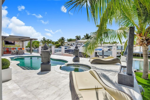 3408 NE 169th St, North Miami Beach, FL 33160 - view of pool with a boat dock, a pool with connected hot tub, and a patio