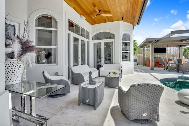 3408 NE 169th St, North Miami Beach, FL 33160 - view of patio / terrace featuring outdoor lounge area, french doors, ceiling fan, and outdoor dining area