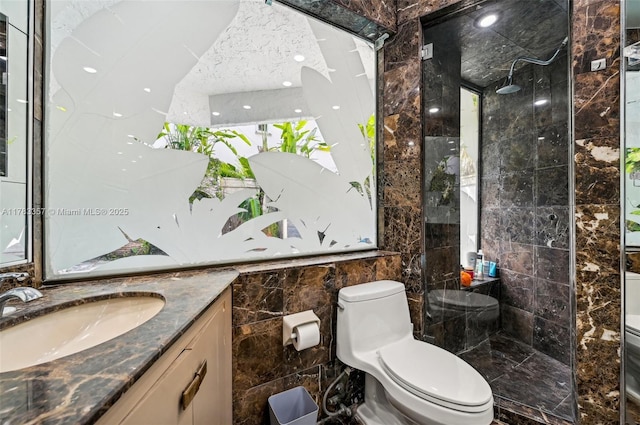 3200 Morris Ln, Miami, FL 33133 - bathroom featuring walk in shower, toilet, vanity, and tile walls