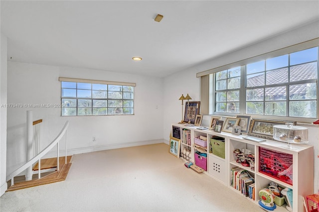 rec room with baseboards, carpet, and recessed lighting