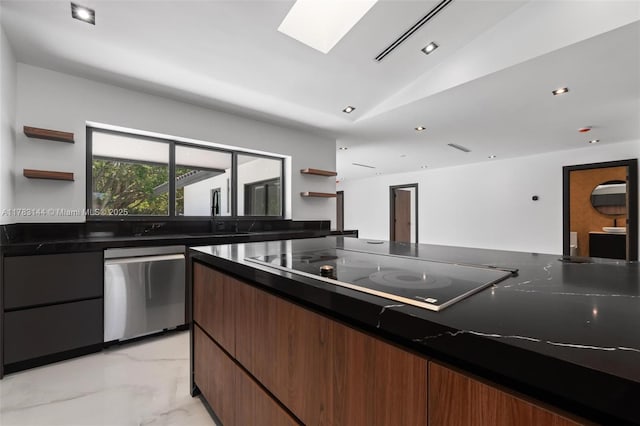 kitchen featuring open shelves, dark countertops, stainless steel dishwasher, modern cabinets, and black electric cooktop